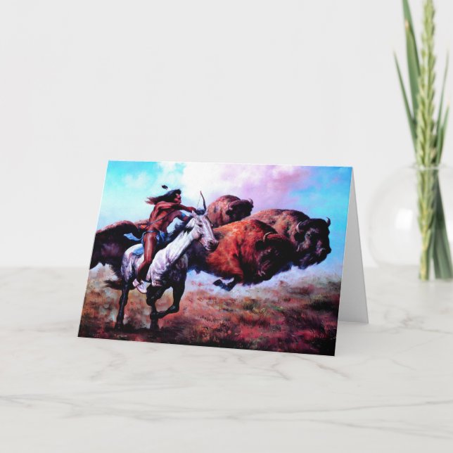 TARJETA FESTIVA BUFFALO DE CAZA DE LA INDIA ROJA (Anverso)