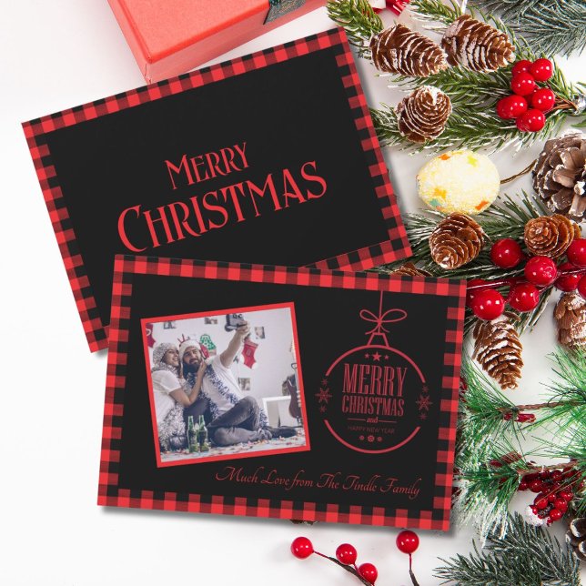 Tarjeta Festiva Buffalo negro rojo de moda pagado con foto familia (Subido por el creador)