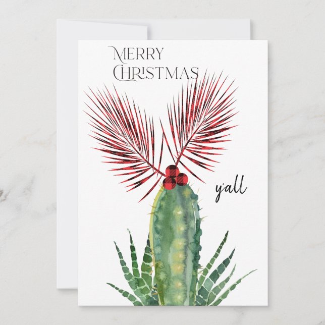 Tarjeta Festiva Buffalo Plaid & Cactus Merry Christmas Y'all Photo (Anverso)
