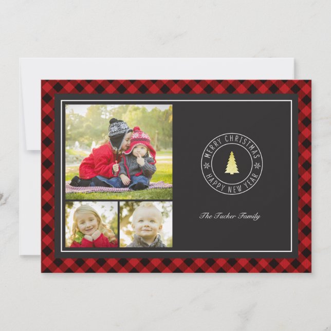 Tarjeta Festiva Buffalo Plaid & Gold Tree Navidades 3 Foto (Anverso)