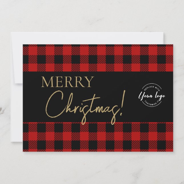Tarjeta Festiva Buffalo Plaid Merry Christmas Corporate Logo (Anverso)