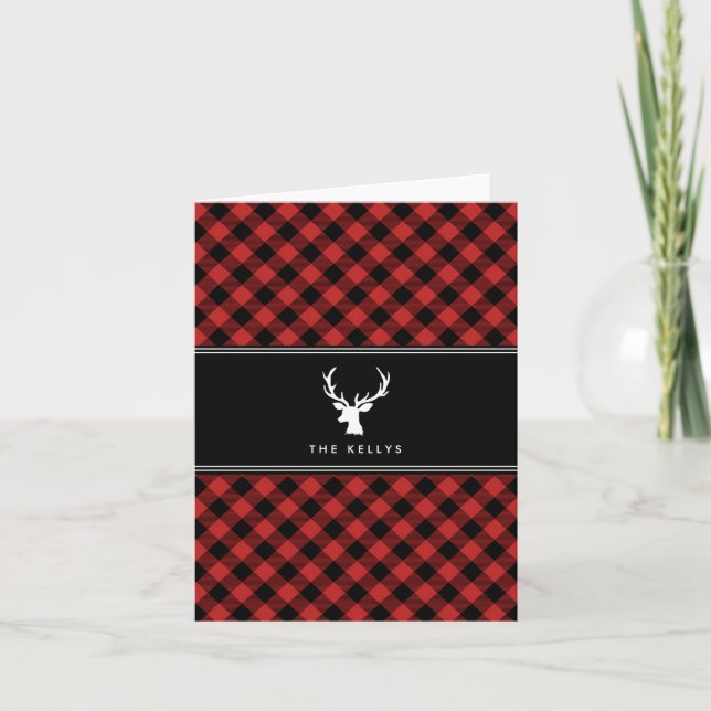 Tarjeta Festiva Buffalo Plaid with Deer, Red, Personalized (Anverso)