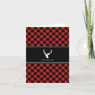 Tarjeta Festiva Buffalo Plaid with Deer, Red, Personalized