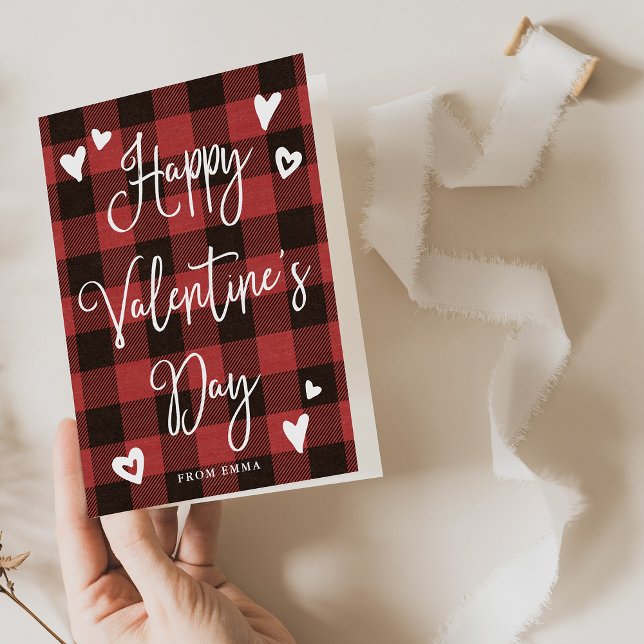 Tarjeta Festiva Buffalo rojo y corazones felices Día de San Valent (A stylish and rustic Valentine's Day card)