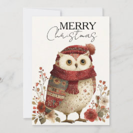 Tarjeta Festiva Búho acogedor de invierno con bufanda roja