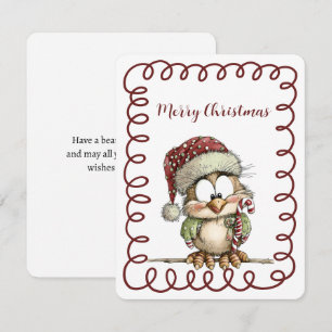 Tarjeta Festiva Búho Adorable con Sombrero de Santa Sosteniendo Ca