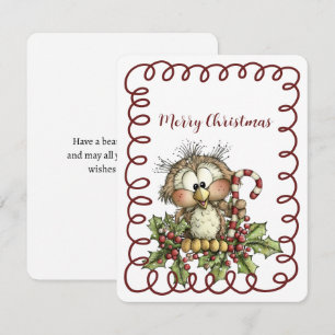 Tarjeta Festiva Búho Adorable Sosteniendo Caña de Caramelo