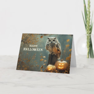 Tarjeta Festiva Búho de Halloween vintage y Jack O Lanterns