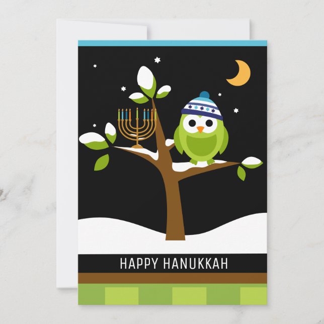Tarjeta Festiva Búho de Hanukkah y árbol de nieve de Menorah (Anverso)