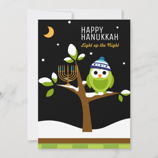 Tarjeta Festiva Búho de Hanukkah y árbol de nieve de Menorah (Anverso)
