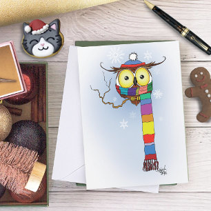 Tarjeta Festiva Búho de invierno adorable bufanda arcoíris sombrer