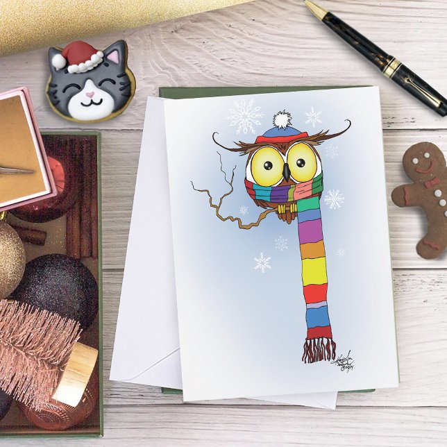 Tarjeta Festiva Búho de invierno adorable bufanda arcoíris sombrer (Subido por el creador)