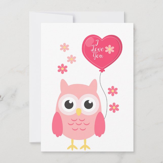 Tarjeta Festiva Búho de San Valentín rosa lindo te amo (Anverso)