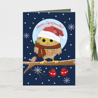Tarjeta Festiva Búho de Santa hat y texto personalizado