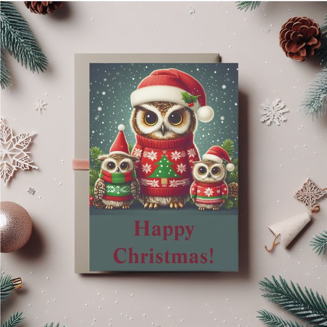 Tarjeta Festiva Búho divertido (Cute owls in Christmas sweaters and Christmas hats. You can personalize the message.)