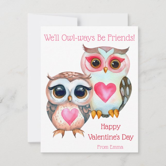 Tarjeta Festiva Búho El día de San Valentín de aula para niños (Anverso)