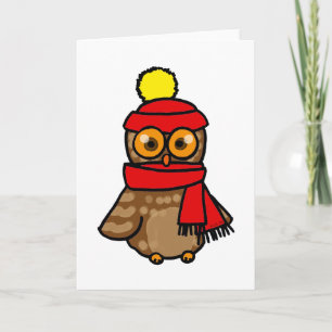 Tarjeta Festiva Búho lindo con el gorra y la bufanda del invierno