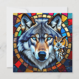 Tarjeta Festiva Búho y Lobo de Estilo Mosaico En Blanco