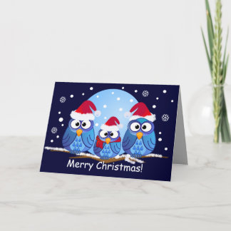 Tarjeta Festiva búhos con los gorras de Santa