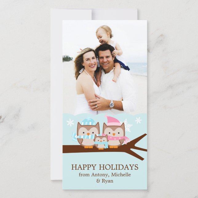Tarjeta Festiva Búhos de Invierno Familia (Anverso)
