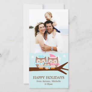 Tarjeta Festiva Búhos de Invierno Familia