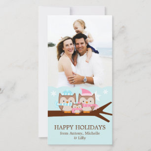 Tarjeta Festiva Búhos de Invierno Familia