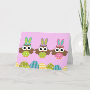 Tarjeta Festiva Búhos felices del conejito de pascua