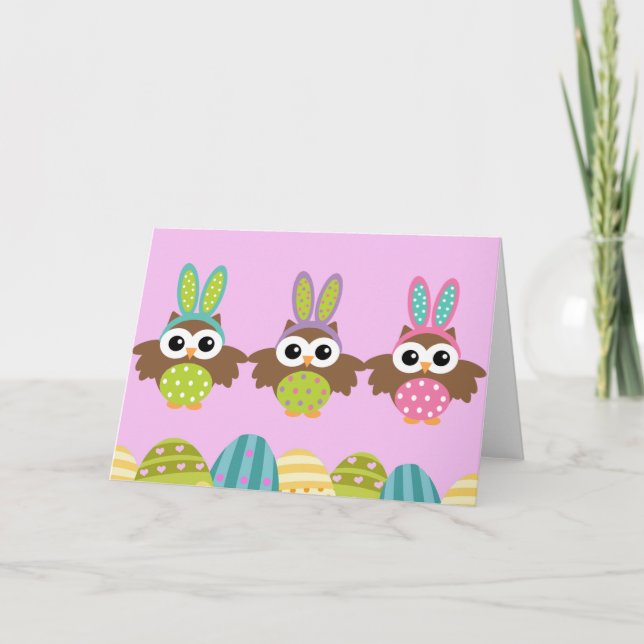Tarjeta Festiva Búhos felices del conejito de pascua (Anverso)