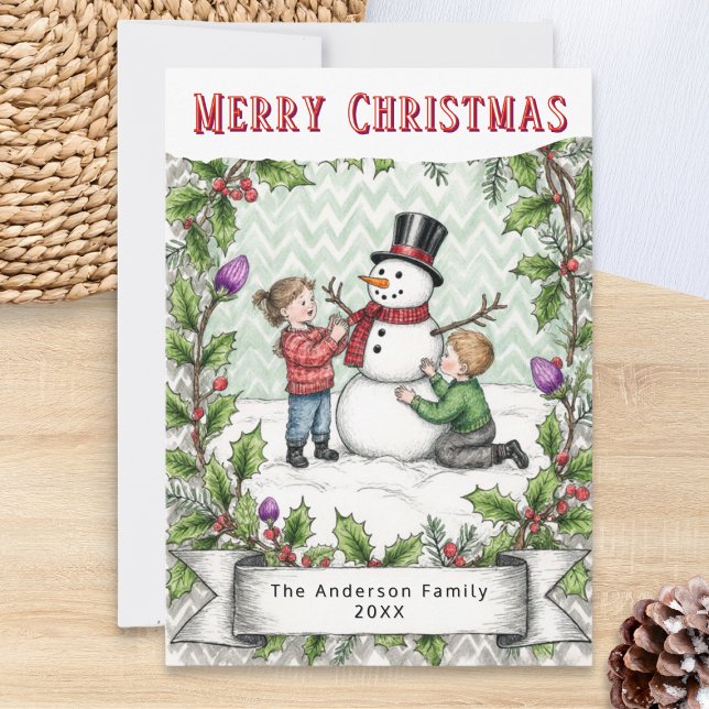 Tarjeta Festiva Building a Snowman | Retro Personalized Christmas (A personalized Christmas card in retro style, with whimsical picture of children building a snowman)