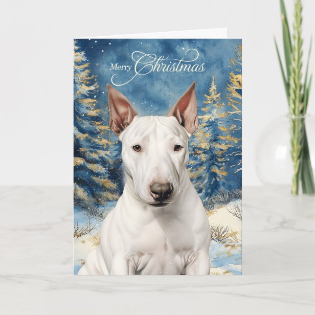 Tarjeta Festiva Bull Terrier Dog Woodland Forest Christmas (Anverso)