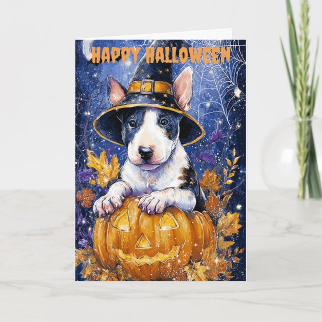 Tarjeta Festiva Bull Terrier perro de Halloween (Anverso)