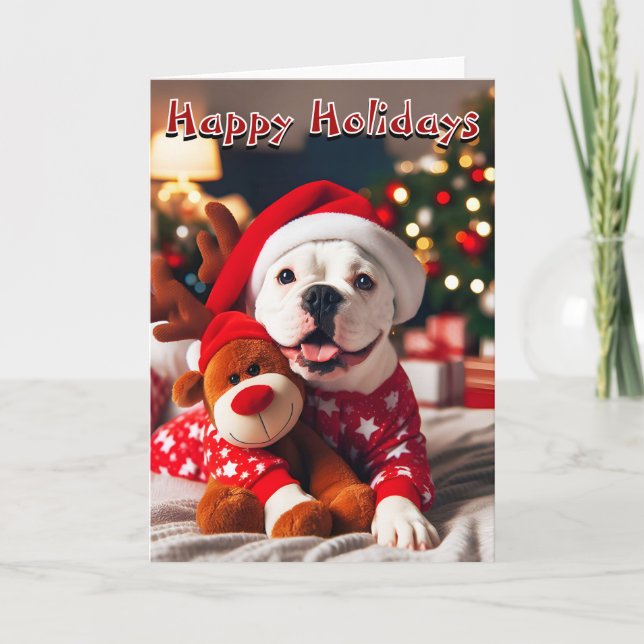 Tarjeta Festiva Bulldog blanco estadounidense listo para Navidades (Anverso)