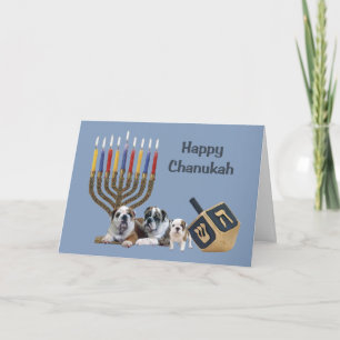 Tarjeta Festiva Bulldog Chanukah Card Menorah Dreidel1