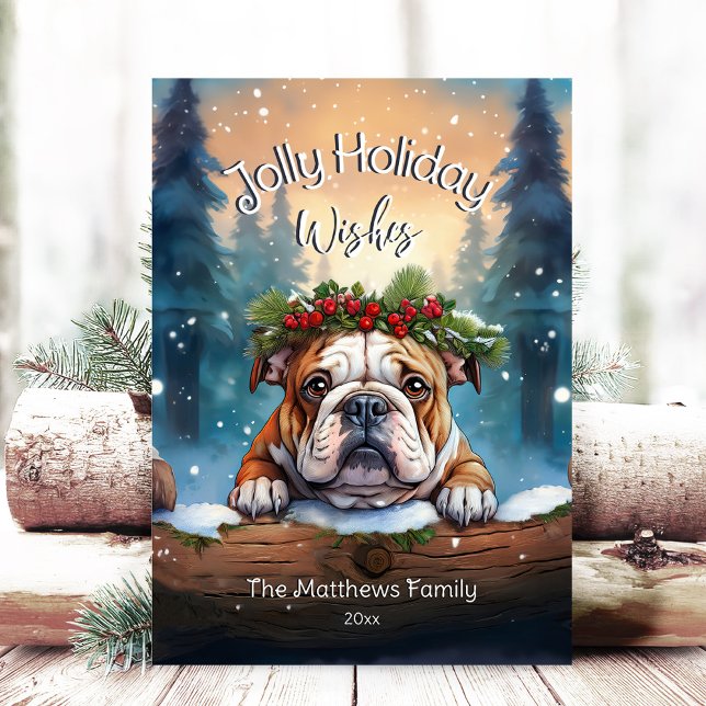 Tarjeta Festiva Bulldog de búsqueda de bosque rústico (Adorable Winter Snowy Scene With Peeking Dogs or Farm/Woodland Animals - Over 50 to Choose From!)