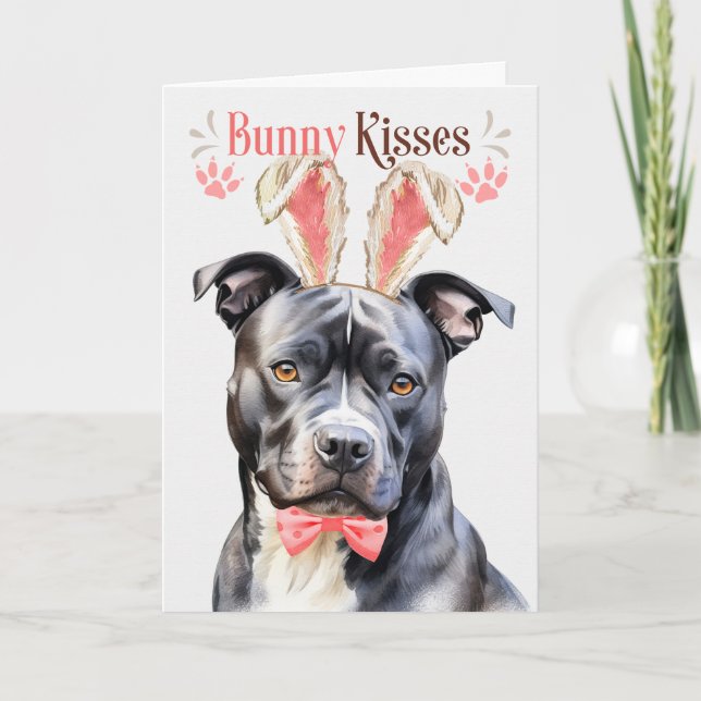 Tarjeta Festiva Bulldog de hoyo gris en las orejas de los conejito (Anverso)