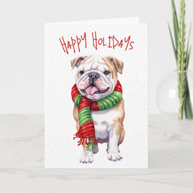 Tarjeta Festiva Bulldog De navidades En Copos De Nieve (Anverso)
