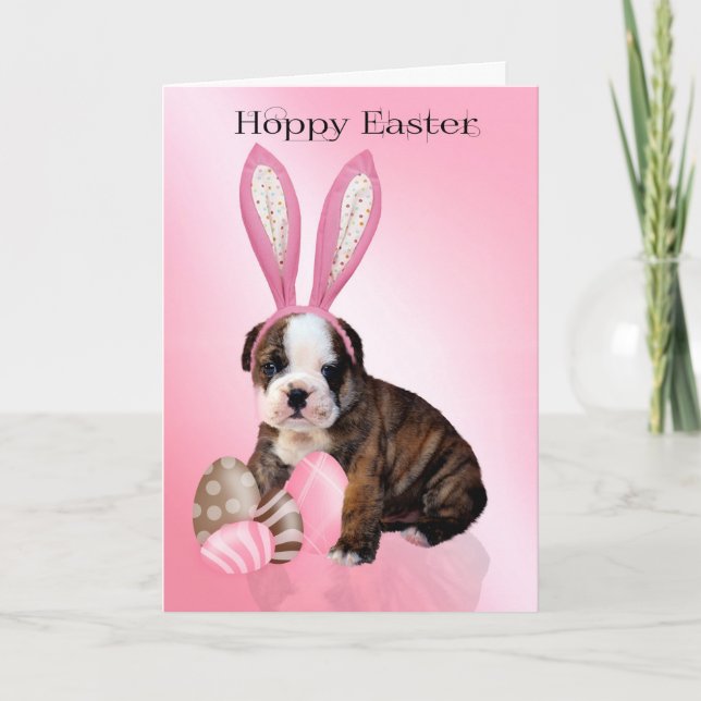 Tarjeta Festiva Bulldog De Pascua Con Huevos, Con Rabino (Anverso)
