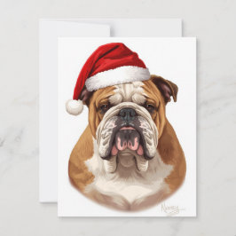 Tarjeta Festiva Bulldog Dog Santa Hat Merry Christmas Art