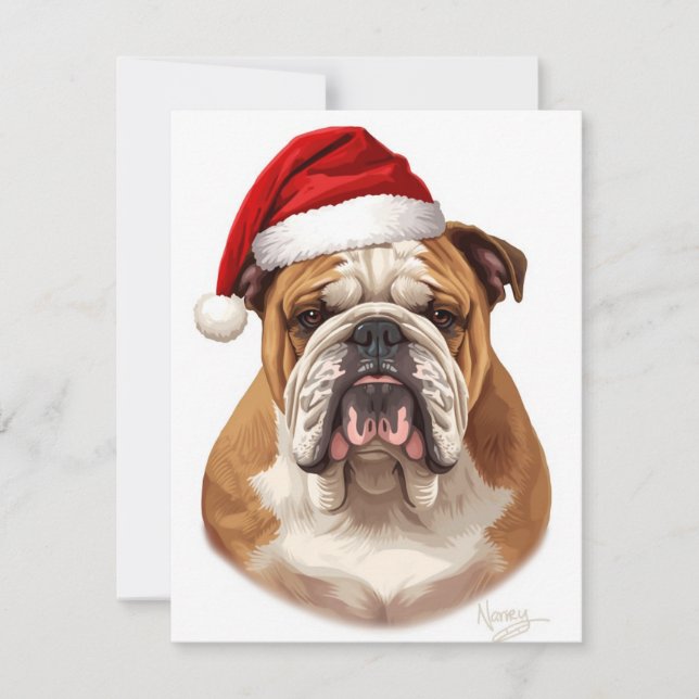 Tarjeta Festiva Bulldog Dog Santa Hat Merry Christmas Art (Anverso)