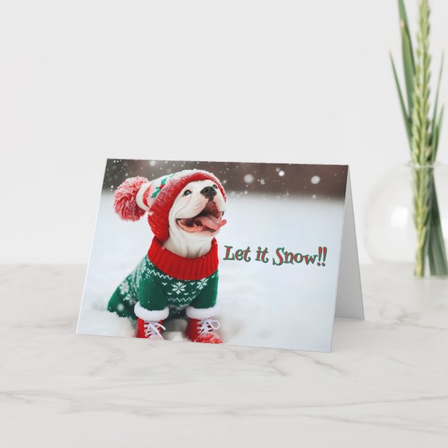 Tarjeta Festiva Bulldog estadounidense capturando copos de nieve e (Anverso)