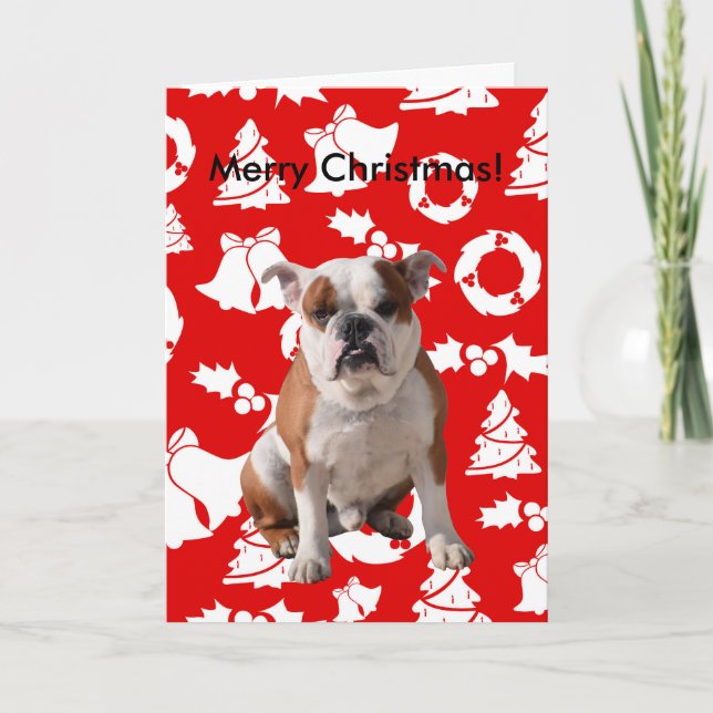 Tarjeta Festiva Bulldog Feliz Árbol navideño Red Bells Wreath Card (Anverso)