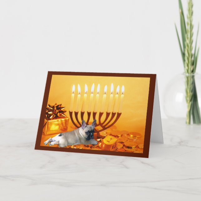 Tarjeta Festiva Bulldog francés Chanukah Card Menorah (Anverso)