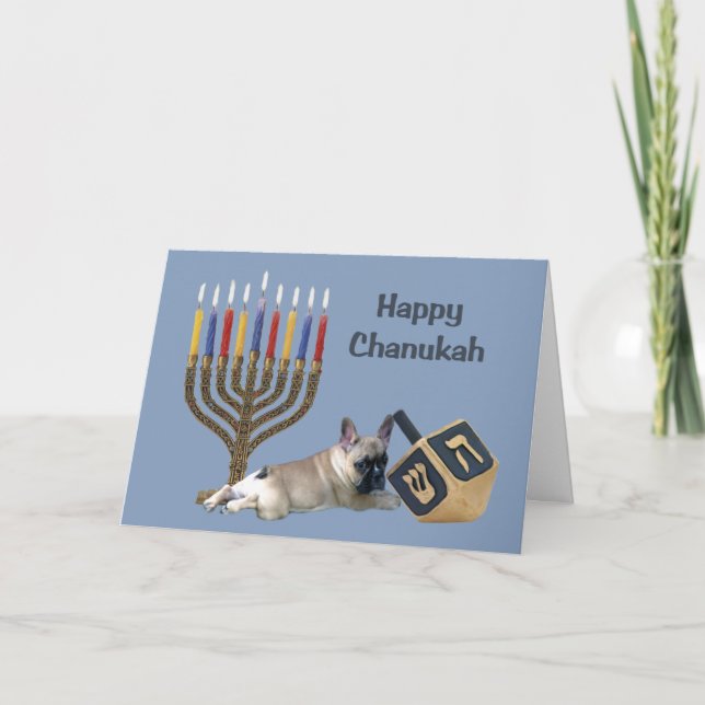 Tarjeta Festiva Bulldog francés Chanukah Card Menorah Dreidel (Anverso)