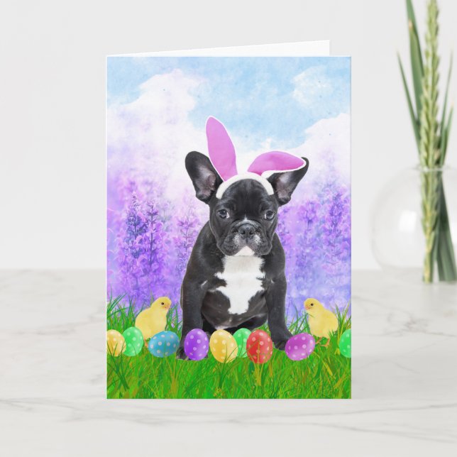 Tarjeta Festiva Bulldog francés con huevos de Pascua y pollitos co (Anverso)