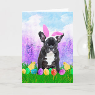 Tarjeta Festiva Bulldog francés con huevos de Pascua y pollitos co