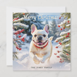 Tarjeta Festiva Bulldog Francés de color crema en la nieve Feliz N