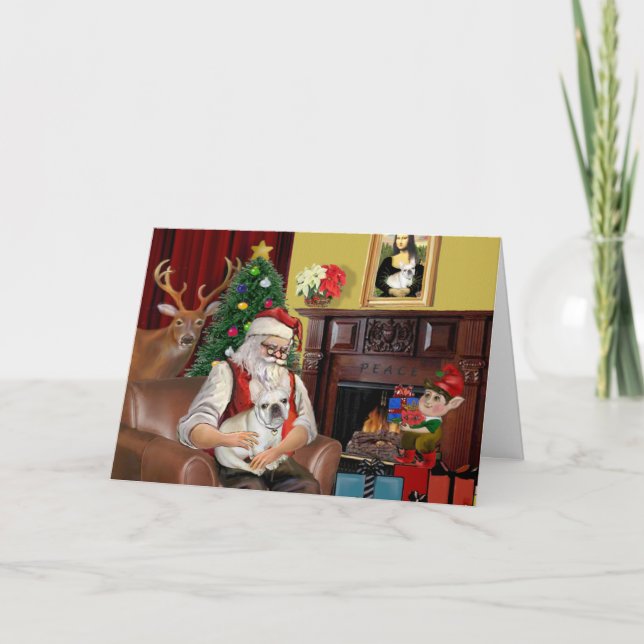 Tarjeta Festiva Bulldog francés de Santa Claus (flauta) (Anverso)