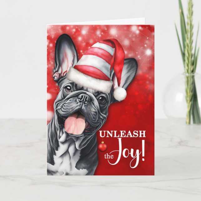 Tarjeta Festiva Bulldog francés desata a los Navidades de la alegr (Anverso)