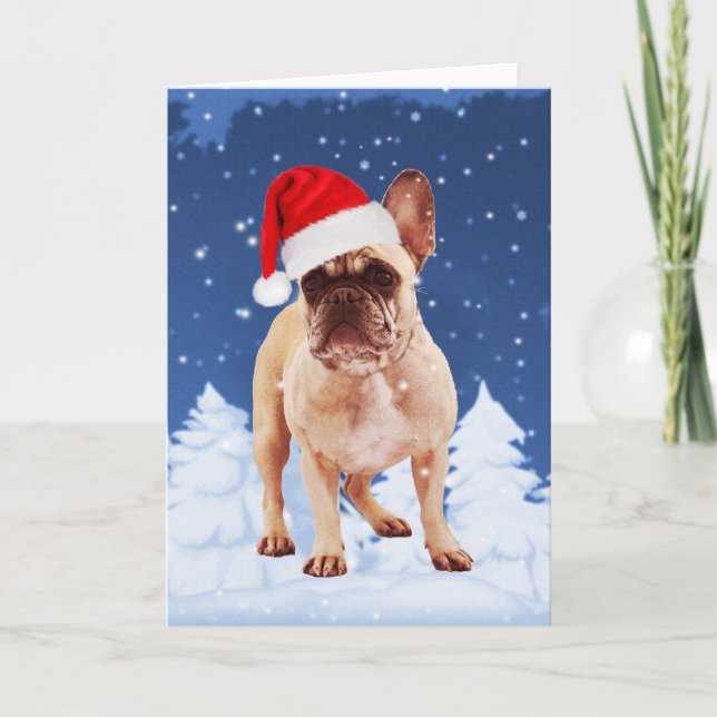 Tarjeta Festiva Bulldog francés en Navidades de nieve con Santa Ha (Anverso)