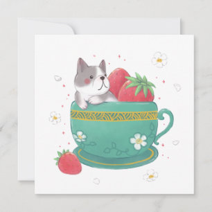 Tarjeta Festiva Bulldog francés, fresas y Ilustracion de la Copa
